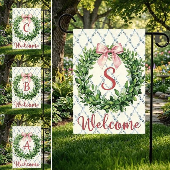 12x18 Inch Double Sided Monogram Garden Flag, Personalized A-Z Initial Welcome Yard Decor with Green Wreath & Pink Bow, Year-Round Patio Gift (Flagpole Not Included)