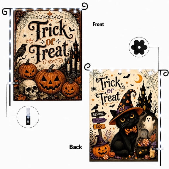 12x18 Inch Double Sided Polyester Halloween Garden Flag, Trick or Treat Black Cat Pumpkin Skull Yard Flag with LED Light String, Wind Stopper & Fix Clips for Front Porch Outdoor Decor