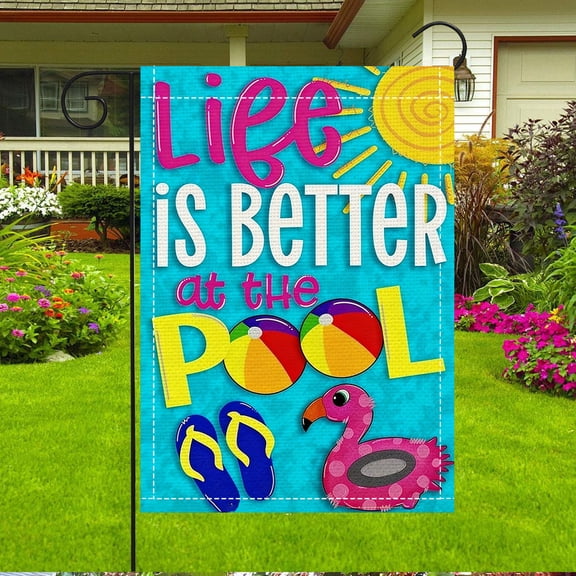 12x18 Inch Double Sided Whimsical Pool Garden Flag, Bright Summer Pool Quote Yard Decor for Front Porch & Patio, Outdoor Summer Gift (No Flagpole Included)