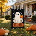 thumbnail image 1 of 12x18 Inch Halloween Ghost Welcome Garden Flag, Double Sided Weather Resistant Yard Flag with White Polka Dots Pumpkin, Spooky Fall Outdoor Lawn Porch Home Halloween Thanksgiving Decor Flag, 1 of 7