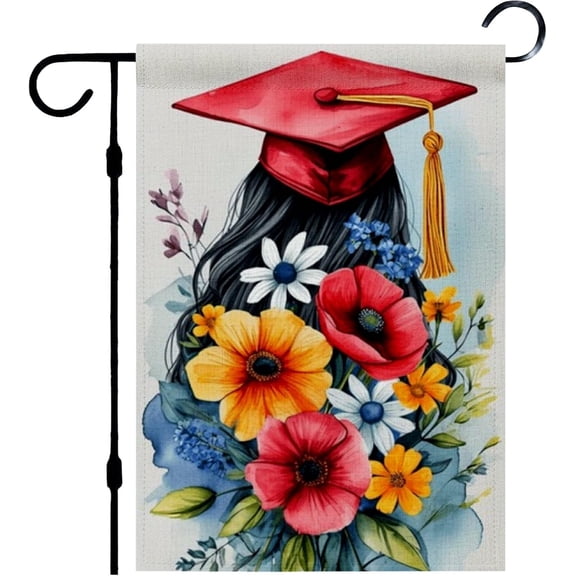 12x18 Inch Linen Garden Flag Watercolor Flowers Graduation Cap Design for Outside Yard Patio Home Decor