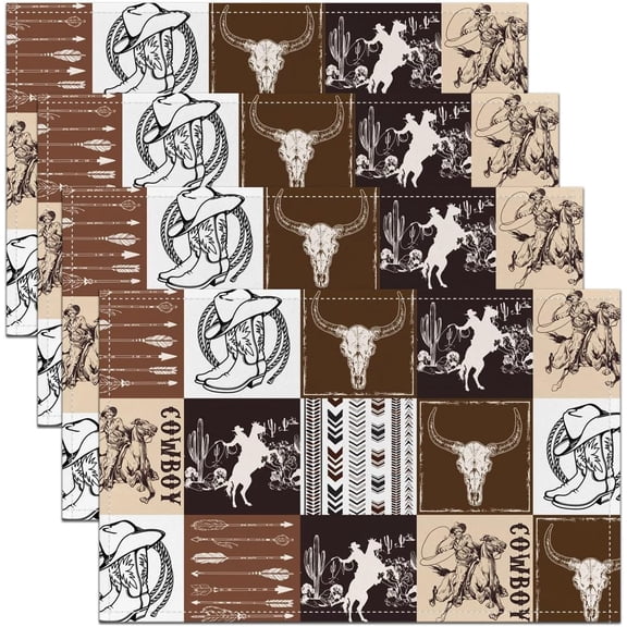 12x18 Inch Placemats for Dining Table - Hand Drawn Western Cowboy Silhouette Place Mat Set of 4 for Party Outdoor Decoration, Horse Riding Patchwork, Washable