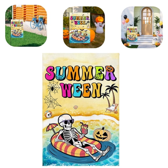 12x18 Inch Summerween Garden Flag, Double Sided Spooky Summer Halloween Decorations, Skeleton Ghost Pool Party Flag for Yard Patio