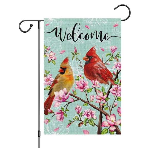 12x18 Inch Vertical Double Sided Welcome Spring Garden Flag Burlap Cardinal Bird Tree Flower for Farmhouse Yard Decor