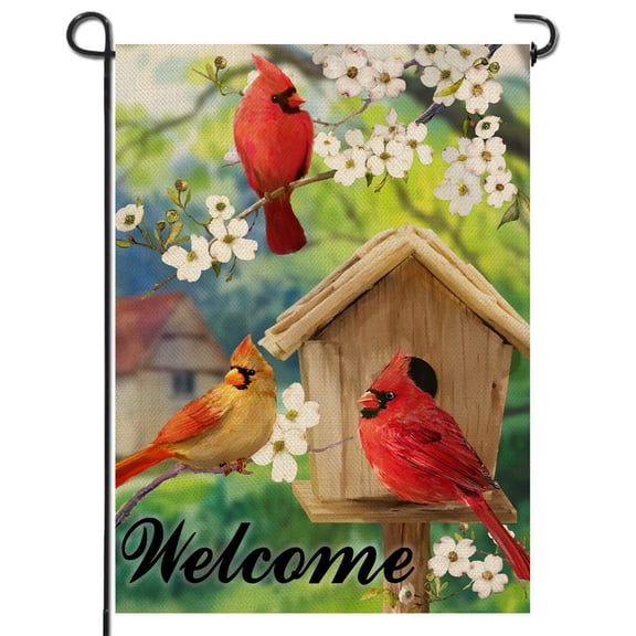12x18 Inch Welcome Summer Garden Flag Double Sided Burlap Cardinal Red Birds for Spring Farmhouse Outdoor Decor