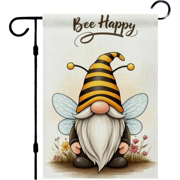 12x18 Linen Bee Gnome Happy Holiday Garden Flag Decorative Outdoor Banner for Home Yard Patio Lawn Outside Holiday