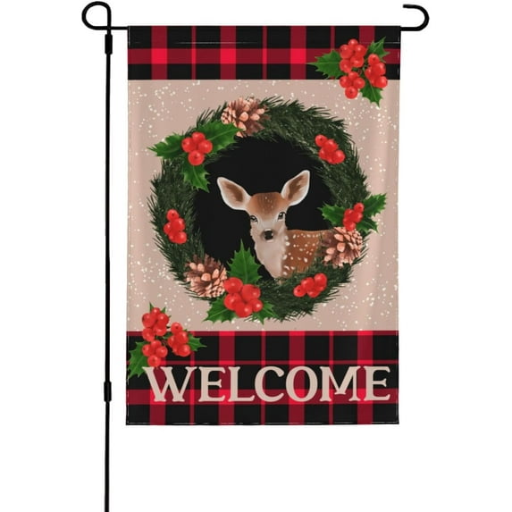 12x18 Merry Christmas Garden Flag Double Sided Deer And Wreath Welcome Yard Flag Seasonal Holiday Decorative Christmas House Flag Winter Garden Flag No Flagstand