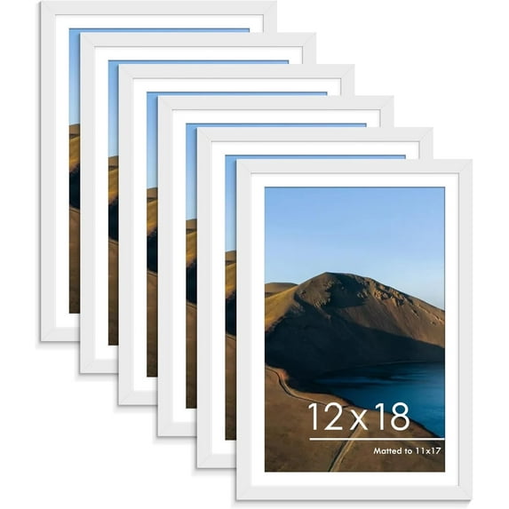 12x18 Picture Frame Set of 6, Display Pictures 11x17 with Mat or 12x18 Without Mat for Wall Mounting or Table Top Display, Photo Frames Collage for Wall Decor, White.