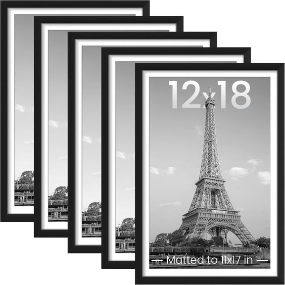 12x18 Picture Frame Set of 5, Display Pictures 11x17 with Mat or 12 x 18 Without, Wall Gallery Poster Frames, Black