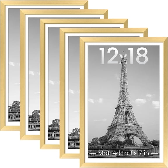 12x18 Picture Frame Set of 5, Display Pictures 11x17 with Mat or 12 x 18 Without, Wall Gallery Poster Frames, Gold