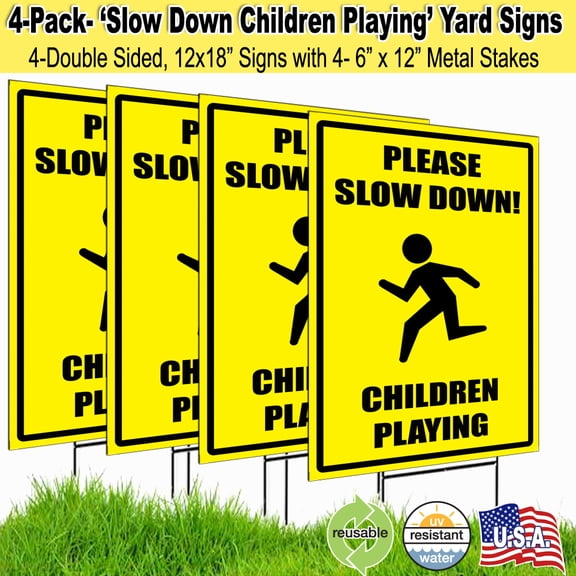 12x18 Please Slow Down Children Playing Lawn Signs with H-stakes