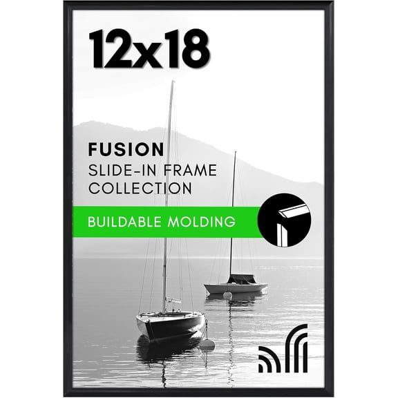12x18 Poster Frame with Polished Front Cover - Slide-In Photo Frame with Buildable Molding - Fusion Collection - Picture Frames for Wall Display - Black