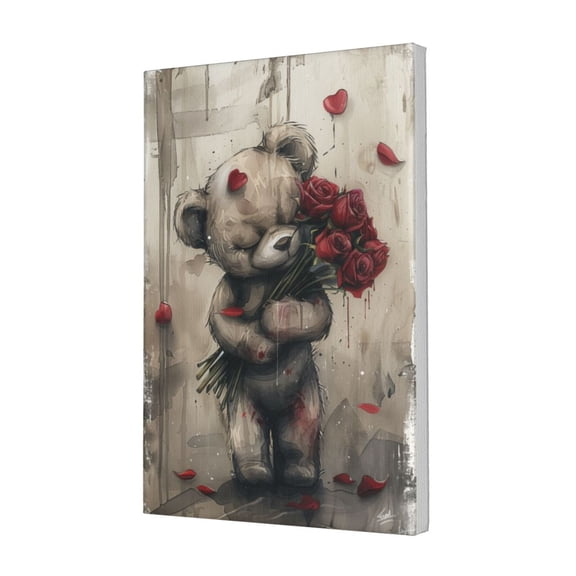 12x18 inch Canvas Frameless Painting Muppet Bear Holding Roses,Rustic Garden,Living Room,Kids Room,Lounge Wall Decor Posters & Prints,Funny Muppet Bear Holding Rose Decorative PaintingGifts