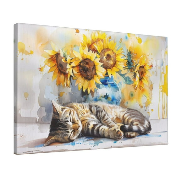 12x18 inch Canvas Hanging Picture Cat & Sunflowers,Home Room Decor Bedroom Accessory,Outdoor Garden Yard,Lounge,Bedroom Wall Decorative Painting Poster,For Cat Master Gift,Bedroom,Yard Decor