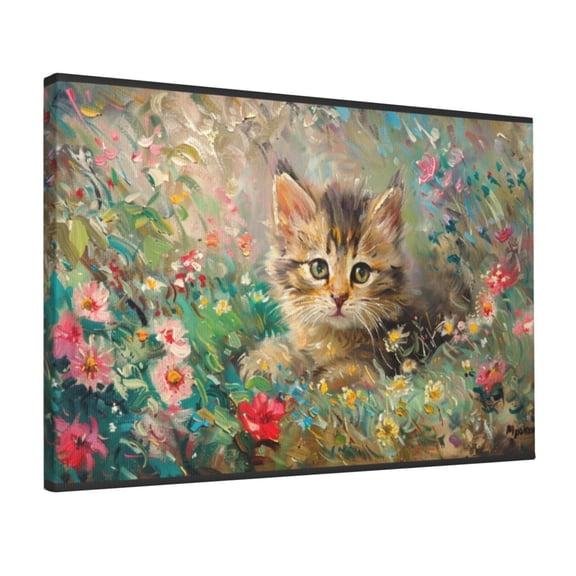 12x18 inch Canvas Hanging Picture Cute Cats In The Flowers,Classic Rustic Yard Garden,Kids Room,Cat'S Nest Decor Posters & Prints,Gift For Cat & Flower Enthusiast,For Children'S Room,Yard,Bar
