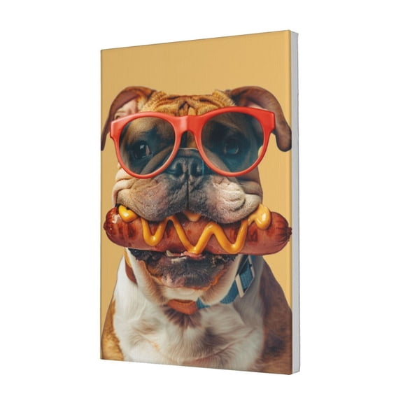 12x18 inch Canvas Hanging Picture Dog That Eats Hot Dogs,Funny Fast Food Restaurants Decor Accessory,Indoor Home Kitchen,Cafes,Yard Decor Wall Art Prints,Modern Style Dog & Hot Dog Paintings