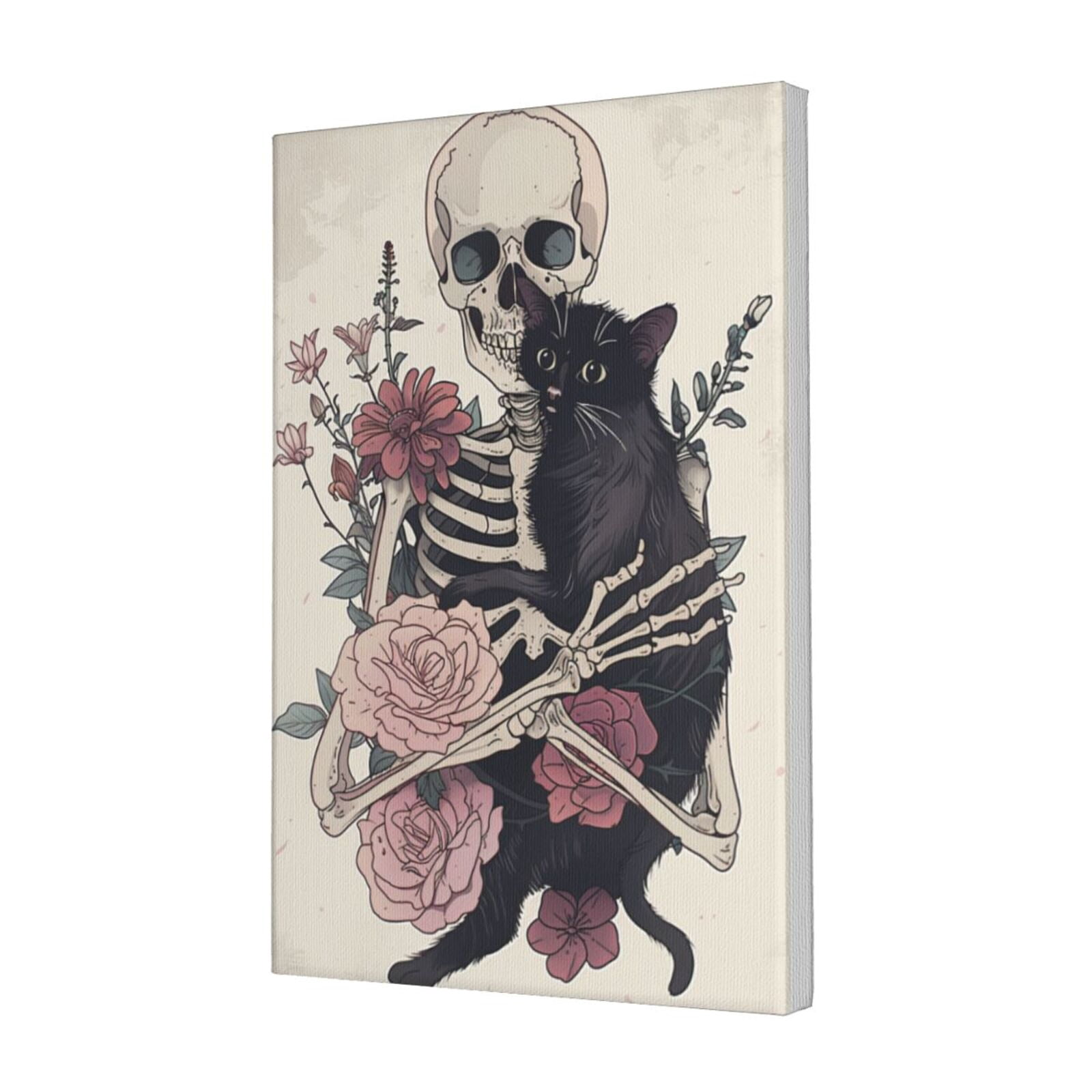 12x18 inch Canvas Painting Flowers Skeletons & Black Cat Garden Yard Decor,Living Room,Man Cave,Bar,Yard Garden Decor Posters & Prints,Funny Skeletons & Black Cat Paintings Canvas Decor Gift