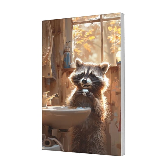 12x18 inch Canvas Painting Pictures The Little Raccoon Next To The Sink,Indoor Toilet,Bathroom Decor Accessory,Classic Raccoon Modern Art Paintings,Gift For Raccoon Lovers,Zoo,Man Cave,Cafes