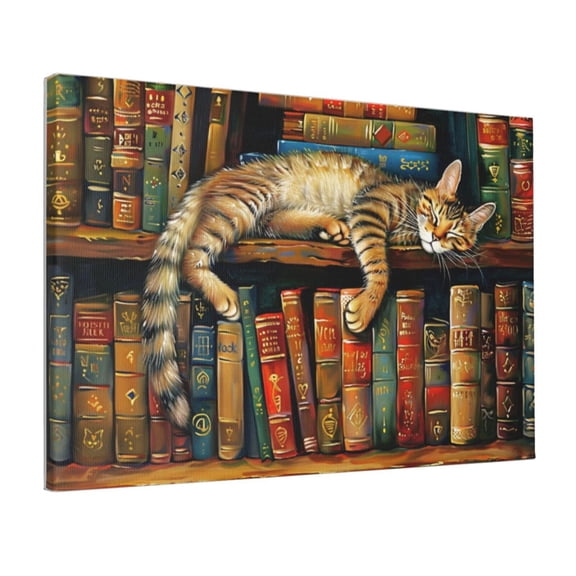 12x18 inch Canvas Paintings For Study The Sleeping Cat On The Bookshelf,Home Study,Campus Library,Cafes Wall Decor Art Prints,Classic Sleeping Cat On The Bookshelf Modern Style Decor Painting