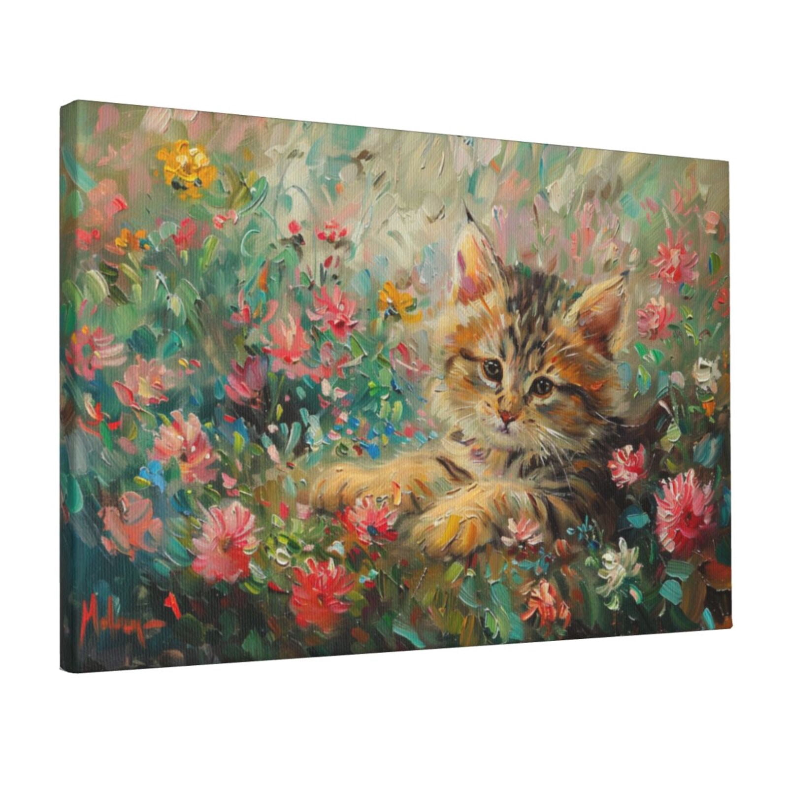 12x18 inch Cats In The Flowers Frameless Canvas Painting Prints,Garden,Bedroom,Study,Children'S Room Wall Art Decor Poster,Vintage Cats In The Flowers Art Decor Paintings,Gift For Cat Lovers