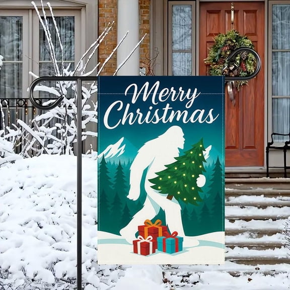 12x18 inch Christmas Garden Flag Waterproof indoor and outdoor holiday outdoor flags designed with gorilla holding Christmas tree pattern, snow mountain scene, suitable for holiday decoration on terr