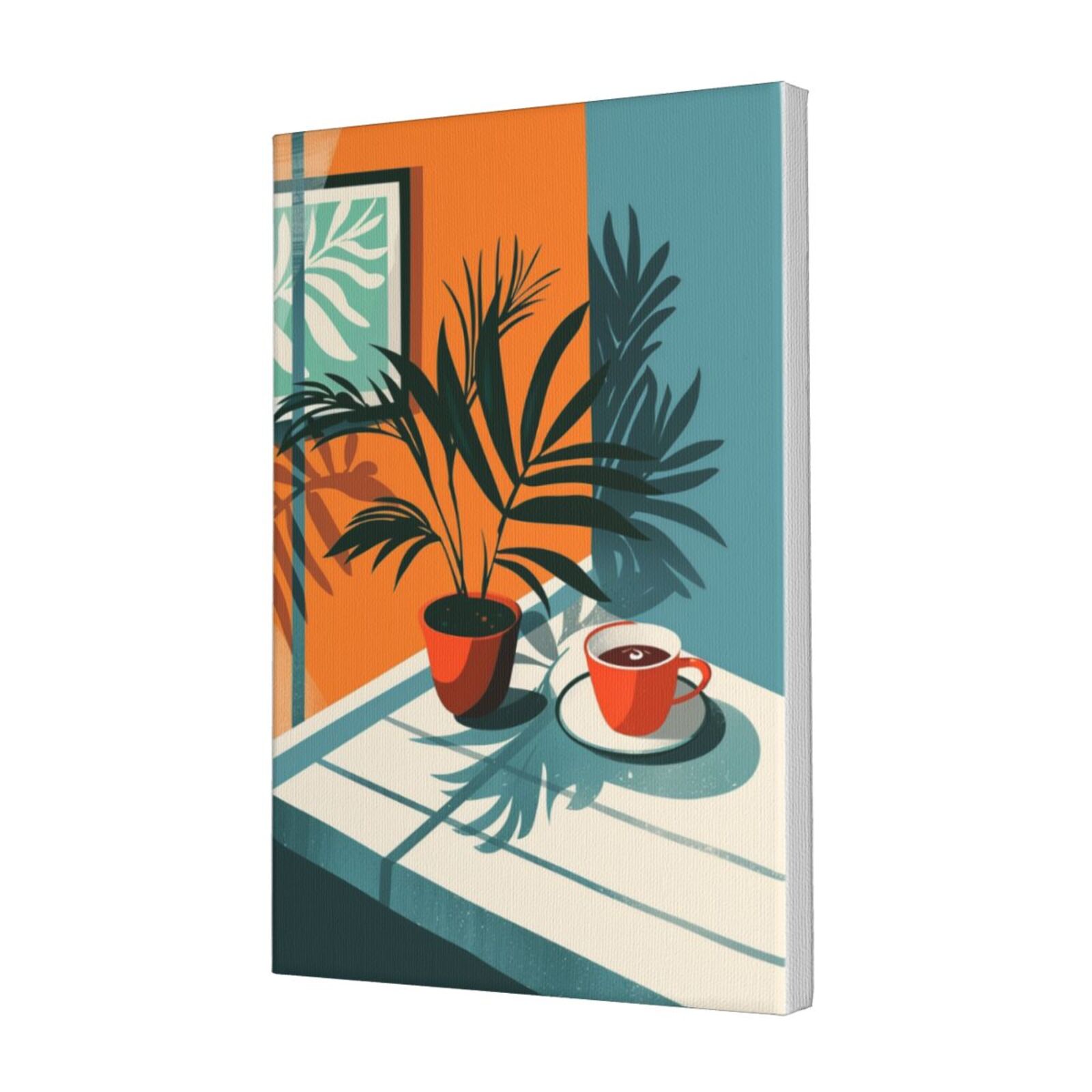 12x18 inch Frameless Canvas Painting Coffee Cup & Potted Plant,Cafes Decor Accessory,Office,Study,Cafes Wall Art Decor Paintings Canvas,Exquisite Coffee Cup & Potted Plant Decor Posters Gift