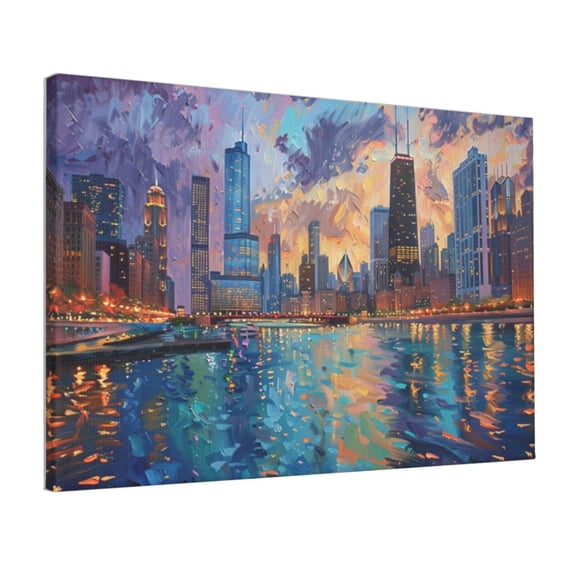 12x18 inch Frameless Canvas Painting Dusk Chicago,Home Room Decor Living Room Accessory,Man Cave,Cafe,Living Room,Study Wall Decor Art Prints,Classic Modern Style Dusk Chicago Decor Paintings