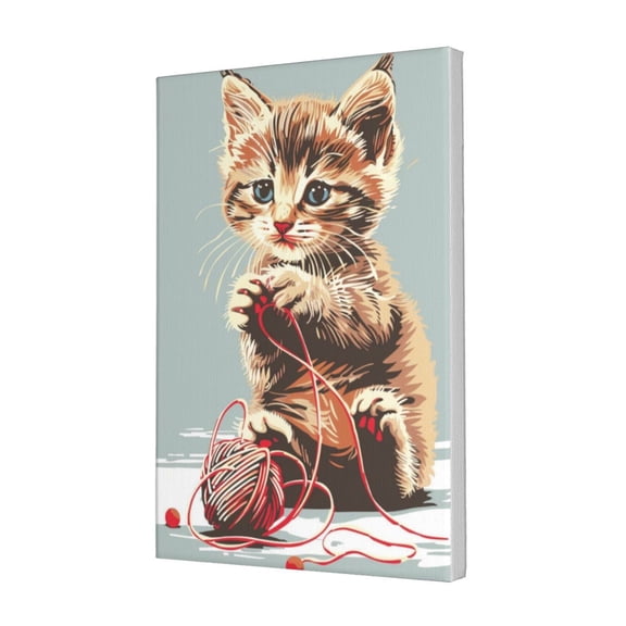 12x18 inch Frameless Canvas Painting Lovely Cat & Knitting Wool Ball,Classic Indoor Bedroom,Cat'S Nest Wall Decor Art Accessory,Enchanting Cat & Knitting Wool Ball Decorative Painting Poster