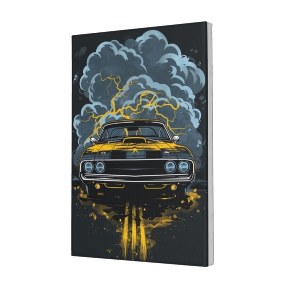 12x18 inch Frameless Canvas Painting Roaring Racing Car Illustration,Garage Paintings Decor Accessories,Classic Roaring Racing Car Modern Style Hanging Picture,For Man Cave,Garage,Bar,Cafes