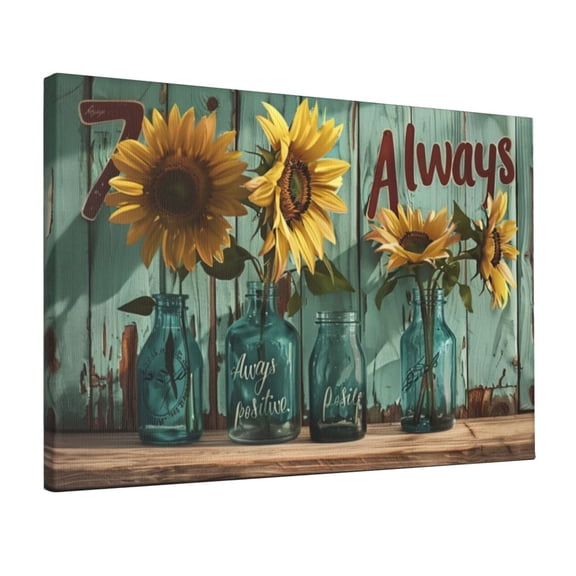 12x18 inch Frameless Canvas Painting Sunflower Vase 'Always Positive' Slogan,Motivational Wall Art,Garden Yard,Living Room,Bedroom Wall Art Decor Poster & Prints,Gift For Sunflower Enthusiast