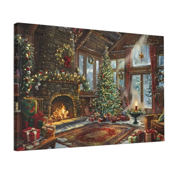 12x18 inch Frameless Oil Painting Wall Art Fireplace & Christmas Trees,Living Room,Kitchen,Man Cave Decor Wall Art Prints Poster,Retro Fireplace & Christmas Trees Oil Paintings On Canvas Gift