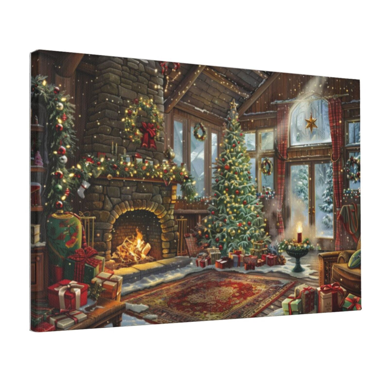 12x18 inch Frameless Oil Painting Wall Art Fireplace & Christmas Trees ...