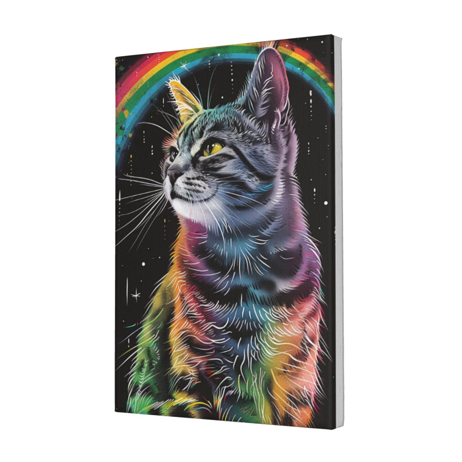 12x18 inch Oil Paintings On Canvas Rainbow Cat,Indoor Living Room,Bar,Study Picture Wall Decor Art Prints,Enchanting Rainbow Cat Modern Art Paintings,Charm Gifts For Cat & Rainbow Enthusiast