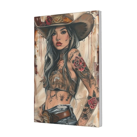 12x18 inch Oil Paintings On Canvas Charming Tattoo Cowboy Girl,Home Living Room,Bedroom,Study,Office Decor Art Prints,Retro Tattoo Cowboy Girl Painting Canvas Decor,Gift For Cowboy Enthusiast