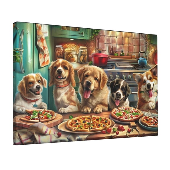 12x18 inch Paintings On Canvas Dogs Eat Pizza Picture,Funny Pizzeria Decor Accessory,Family Kitchen,Man Cave,Lounge,Bar Wall Decor Art Prints,Classic Dogs Eat Pizza Hanging Picture Decor Gift