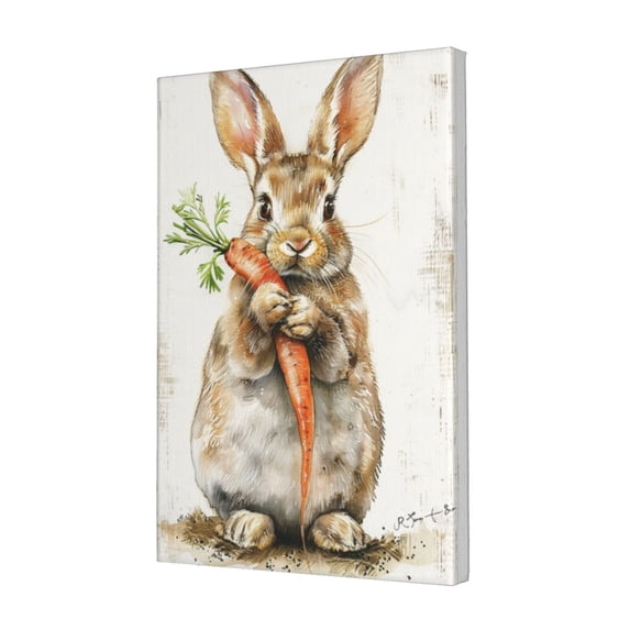 12x18 inch Paintings For Children'S Room Decor Lovely Rabbit Eating Carrots,Room Decor Children'S Room Accessory,Exquisite Rabbit Eating Carrots Retro Style Painting Canvas,For Bedroom,Cafes