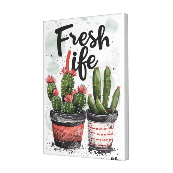 12x18 inch Picture Canvas 'Fresh Life' Slogan Cactus Plant Potted Garden Decor,Family Bathroom,Living Room,Office,Study Wall Decor Art Poster Prints,Classic Cactus Plant Potted Decor Painting