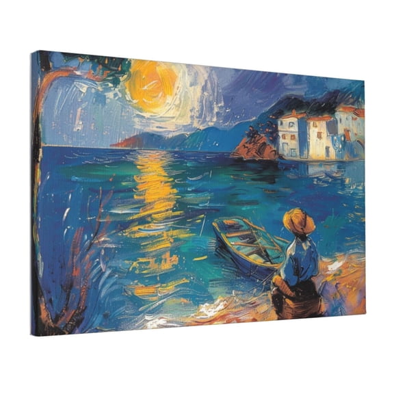 12x18 inch Sunrise And Fishermen Canvas Painting Wall Art,Indoor Home Bathroom Decor Accessory,Vintage Sunrise And Fishermen Oil Paintings On Canvas,For Bedroom,Living Room,Cafes Wall Decor