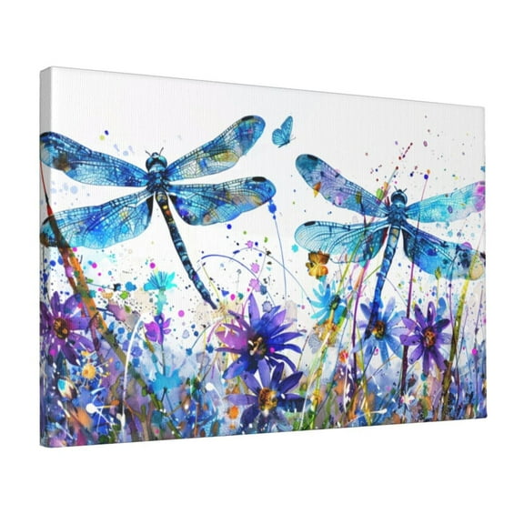 12x18 inch Yard Decor Colorful Dragonflies & Flowers Painting Canvas Poster,Rustic Villa Garden Yard Wall Art Decor Paintings,Insect Club,Cafes,Bar,Campus Decor,For Dragonflies Lovers Gifts