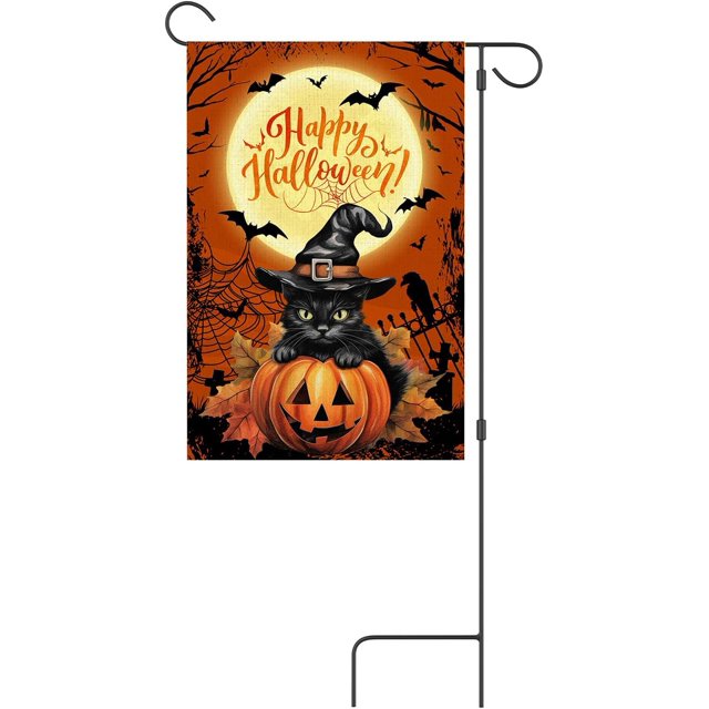 12x18in Happy Halloween Garden Flag,Halloween Black Witch Cat Garden