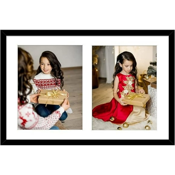 12x19 Black Wood Collage Picture Frame with White Mat - Displays Two 8x10 Photos - Real Glass, Sawtooth Hanger, Swivel Tabs - Wall Mounting - Great for Collages, Weddings