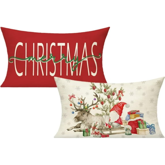 12x20 Christmas Lumbar Throw Pillow Covers Set of 2 Farmhouse Red Deer Gnome Tree Snowman Xmas Winter Holiday Cushion Covers Home Decor for Sofa Couch Bench Room