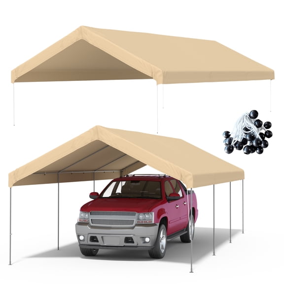 12x20 FT Carport Replacement Canopy Top Upgraded Car Port Canopy Cover for Carport Party Tent Waterproof & UV Protected, Easy Installation with Ball Bungees,Beige