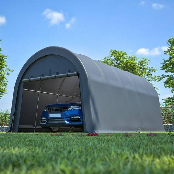 12x20 FT Heavy Duty Carport, Portable Garage Canopy with Steel Frame & Roll-Up Door, Round Style Outdoor Storage Shed for Car, Truck, Boat, Patio, Anti-Snow Waterproof, Grey