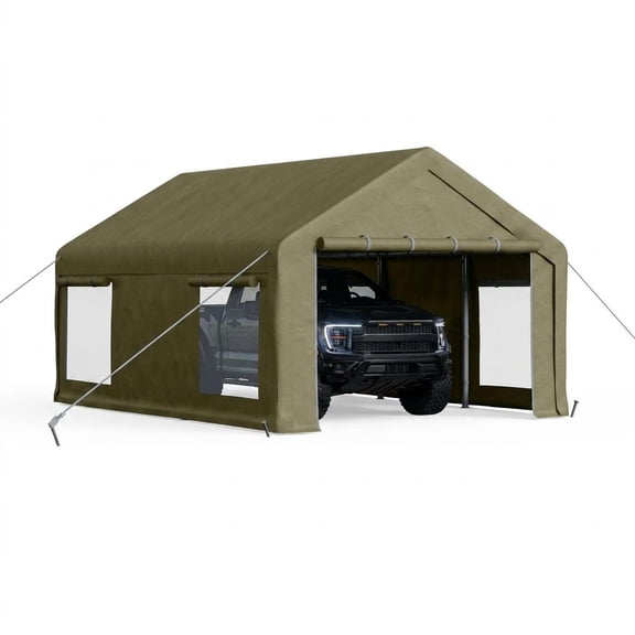 12x20 FT Heavy-Duty Design Carport, Portable 200g PE Garage Canopy, Carport Canopy with 4 Windows & Roll-Up Window, Portable Car Port for Car, Truck, Boat