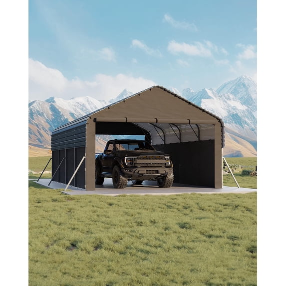 12x20 FT Heavy Duty Enclosed Metal Carport, All-Weather Outdoor Storage with Galvanized Steel Frame & Roof – Gable End Doors, Waterproof Tarp for Pickup Trucks, Boats, Tractors
