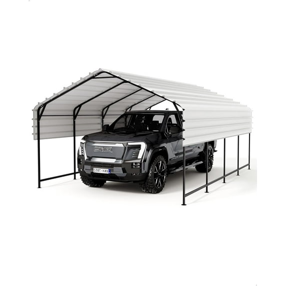 12x20 FT Heavy Permanent Metal Carport, Reinforced Frame and Steel Roof for All-Weather Use, Shelter for Bass Boats, Full-Sized Pickup Trucks, and Tractors