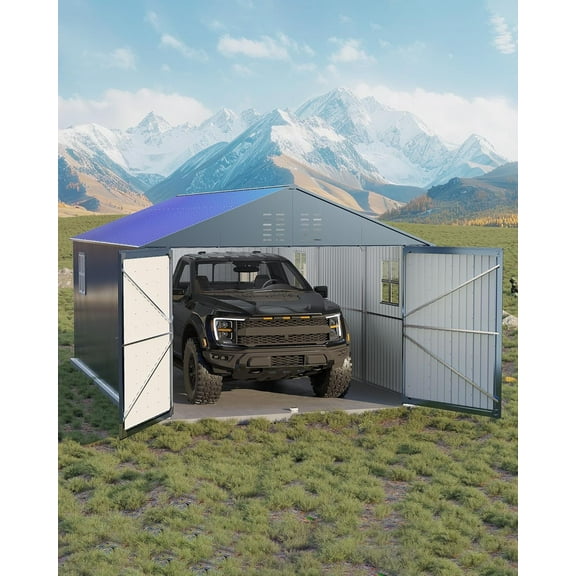 12x20 FT Metal Carport, Enclosed Car Port with Reinforced Frame and Steel Roof for All-Weather Use, Metal Garage Shed for Full-Sized Pickup Trucks