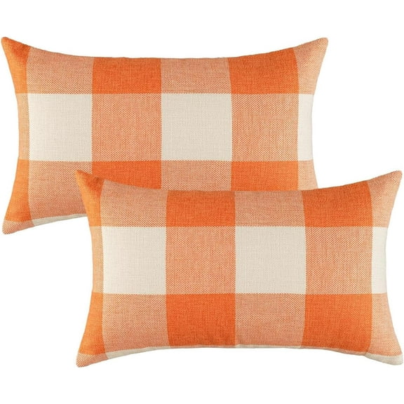 12x20 Fall Outdoor Throw Lumbar Pillow Covers Orange Set of 2 Buffalo Plaid Decor Thanksgiving Checker Cushion Cases Autumn Farmhouse Home Cotton Linen Decorations for Couch Sofa Living Room Patio