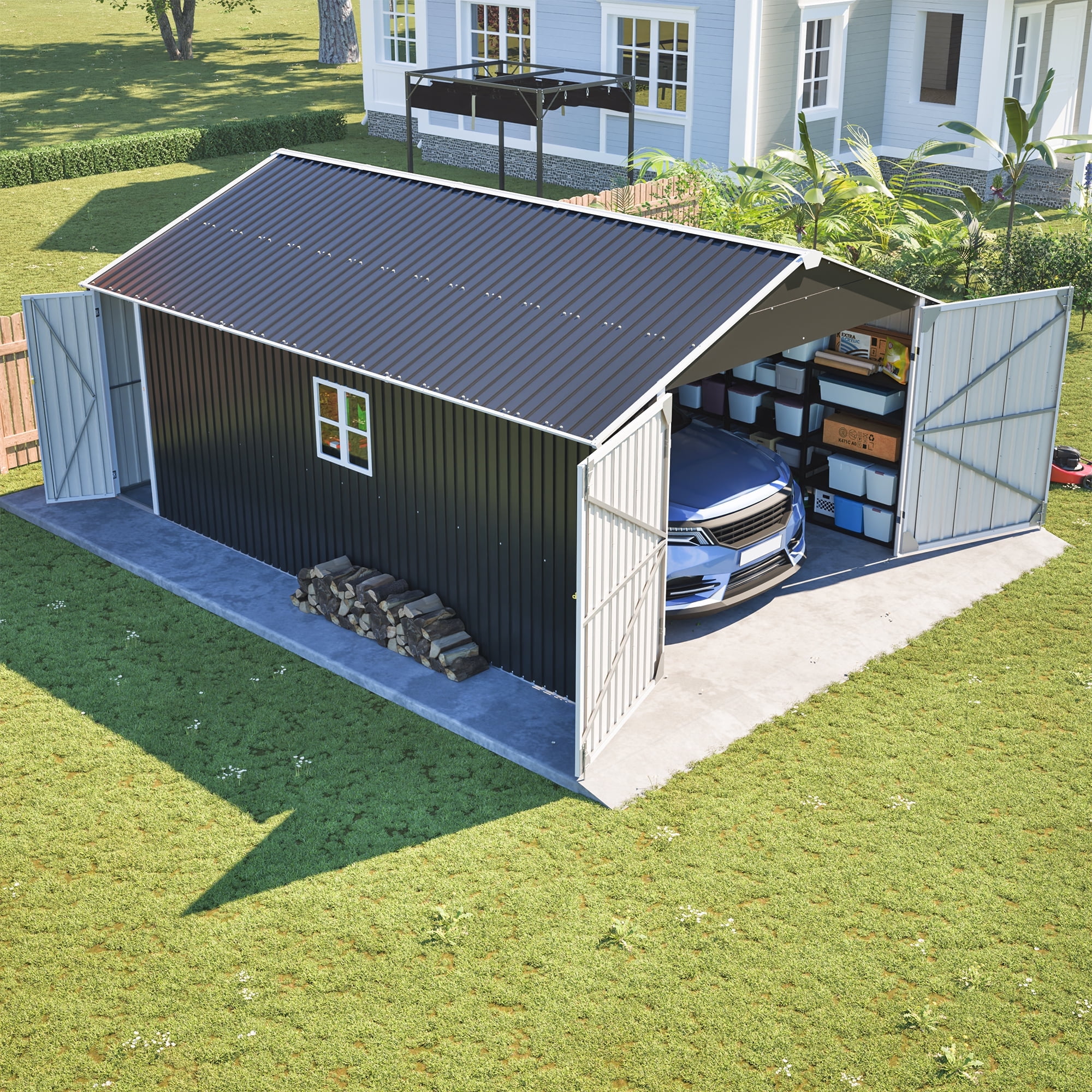 12x20 Ft Outdoor Storage Shed with Window, Metal Garden Tool Shed with Lockable Doors, Ideal for Backyard Garden Patio Lawn, Grey